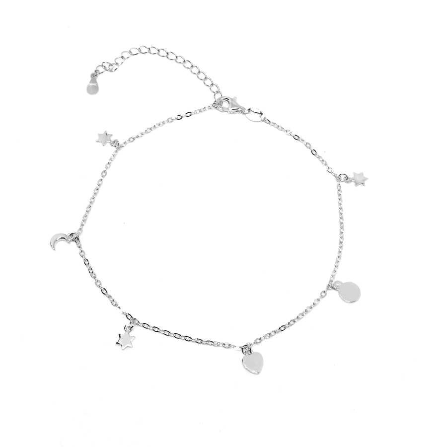 Tobillera de Plata con Colgantitos. Estrella. Corazón. Luna
