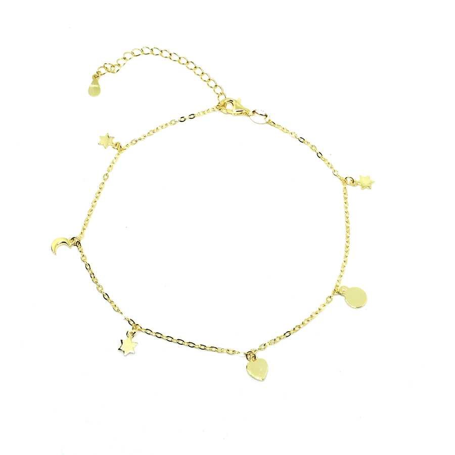 Tobillera de Plata Dorada con Colgantitos. Estrella. Corazón. Luna