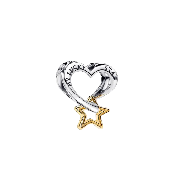 Charm Estrella y Corazón de la Suerte Plata de primera ley, Recubrimiento en oro de 14k