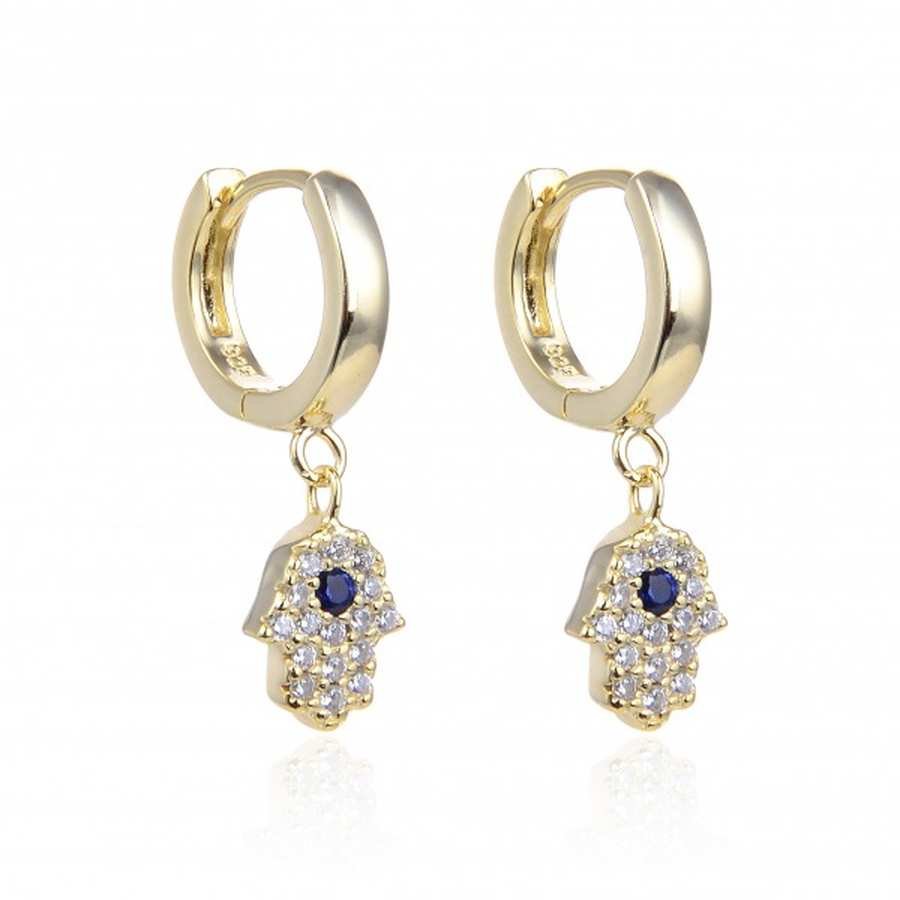 Aros de Plata Dorada - Colgante Mano de Fatima con Circonitas y Central Azul