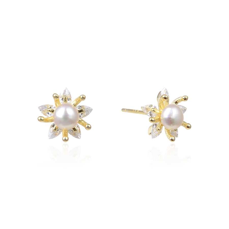 Pendientes de Plata Dorada con Circonitas y Perla - Flor