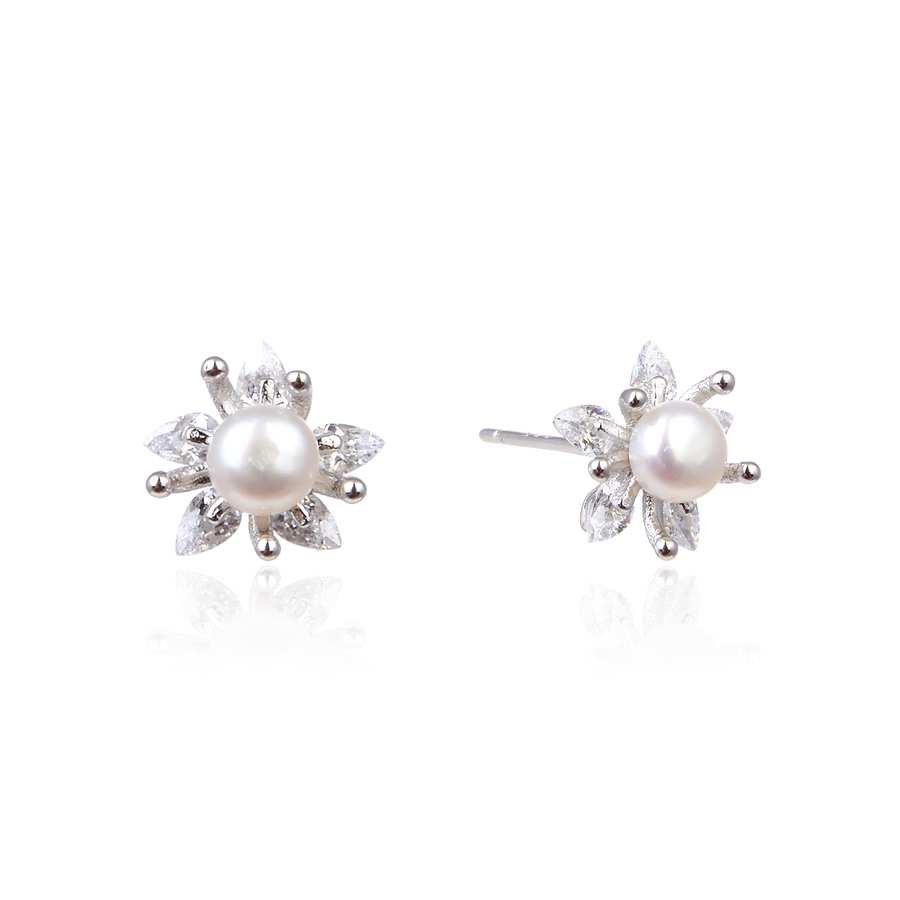 Pendientes de Plata con Circonitas y Perla - Flor